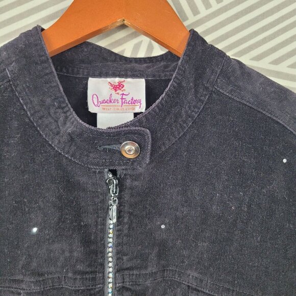 Quacker Factory Velvet Bomber Jacket Plus Size 2X Coat Rhinestone Velour Black - Picture 3 of 5